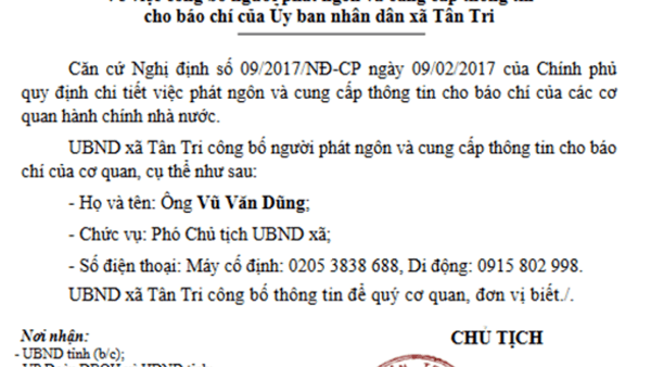 Thông báo về việc công bố người phát ngôn và cung cấp thông tin cho báo chí của Ủy ban nhân dân xã Tân Tri